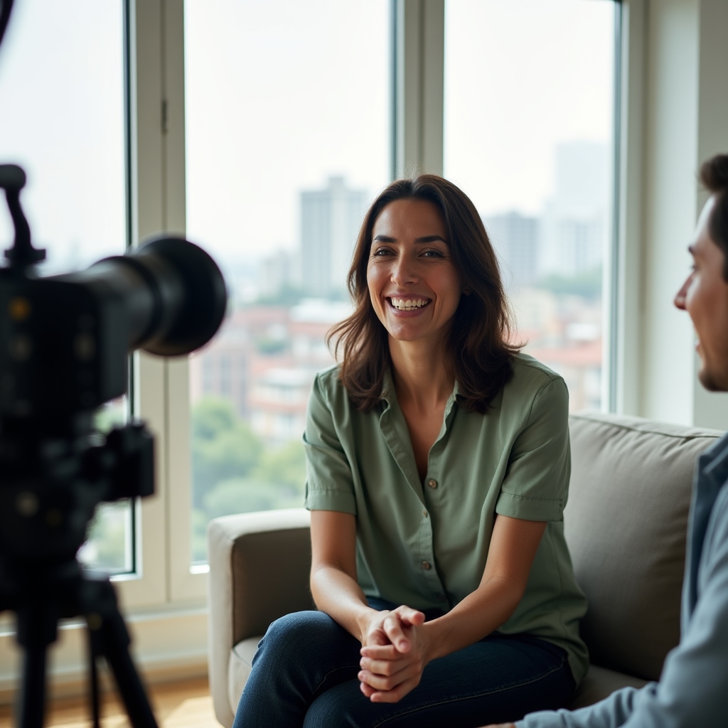 A buyer being filmed for a testimonial video inside a completed apartment in Santiago