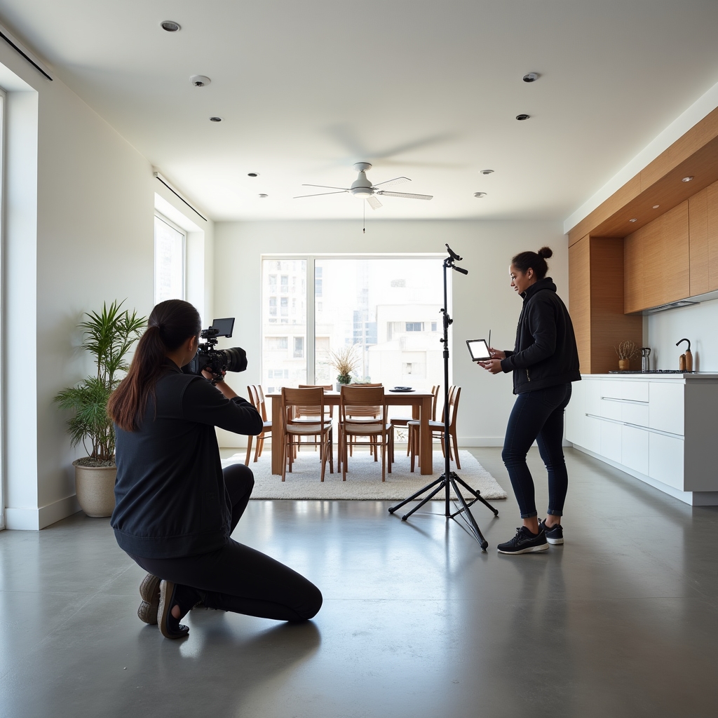 Bright completed apartment interior being filmed for a property marketing video
