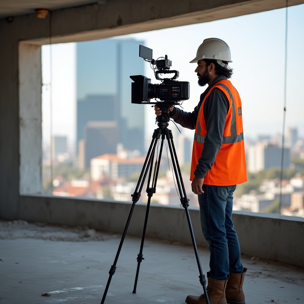 Filmmaker with professional camera equipment filming on an active construction site