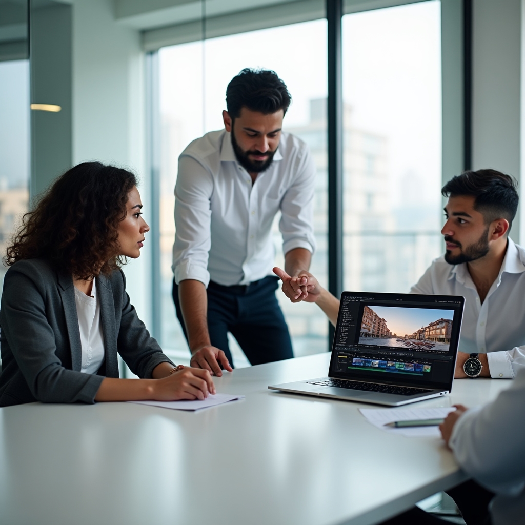 Real estate developer team reviewing video content on a laptop in a modern office