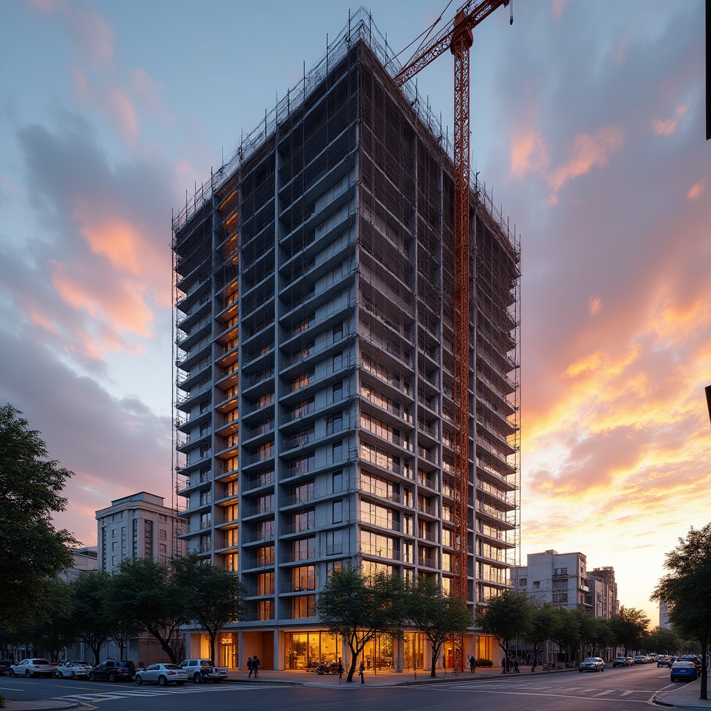 Modern residential tower under construction in Santiago, Chile, photographed at golden hour