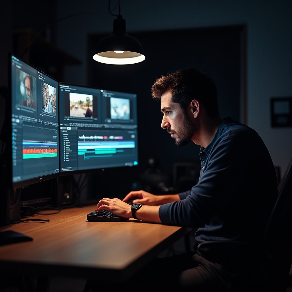 Video editor working on social media real estate content on a dual monitor workstation