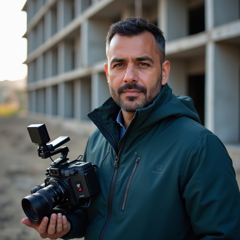 Director de fotografía revisando metraje en un monitor en una locación exterior de obra