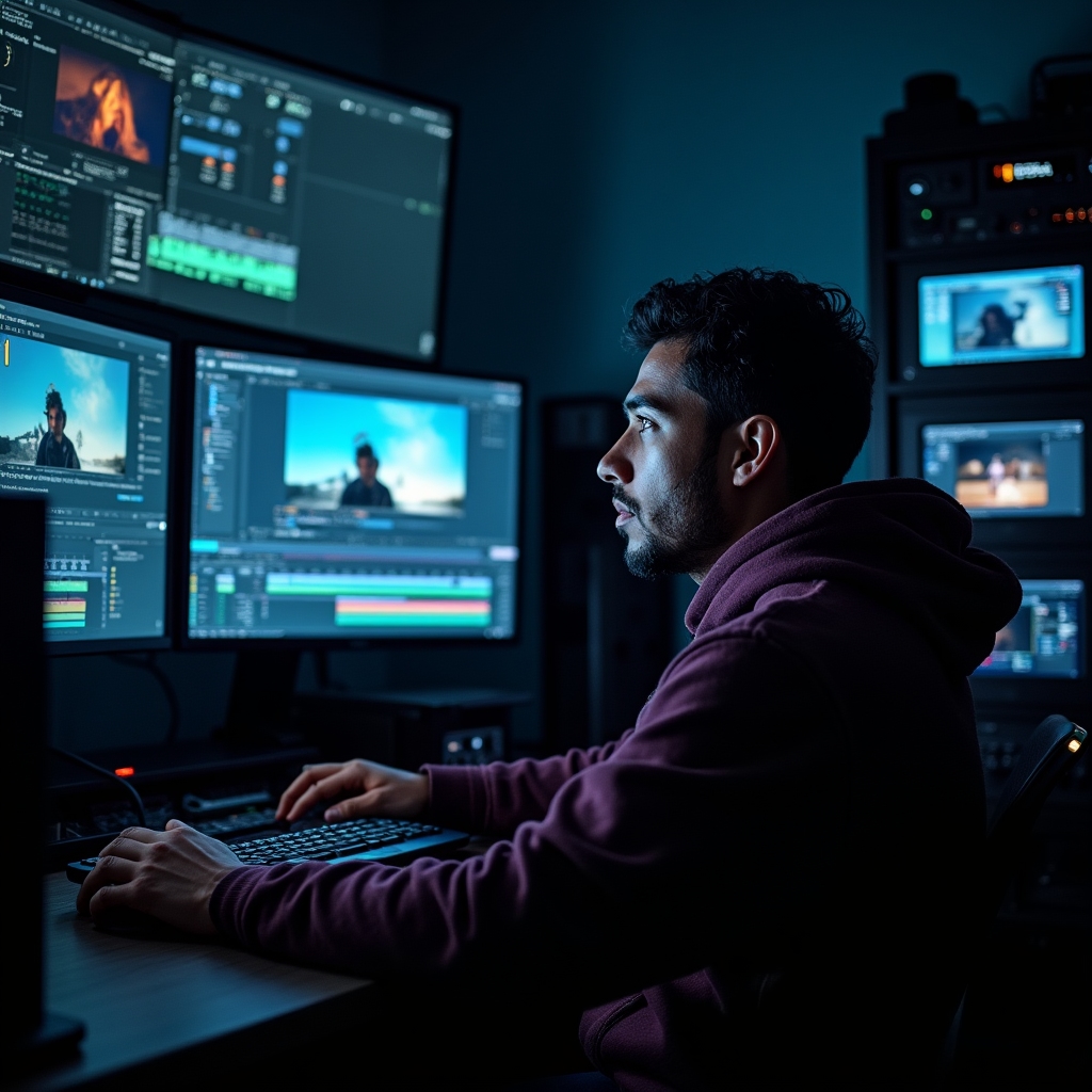 Editor de video trabajando en corrección de color y edición en un estudio de postproducción oscuro con múltiples pantallas
