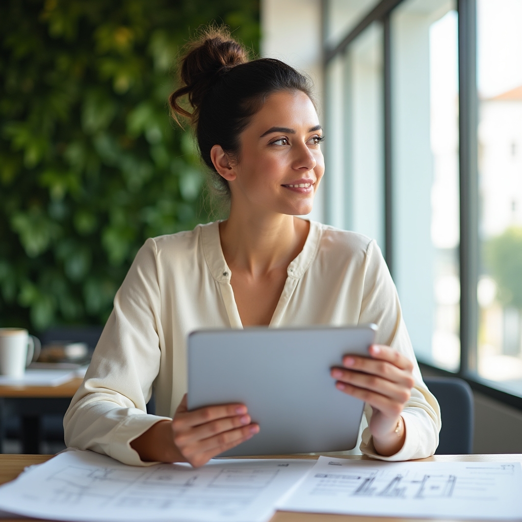 Productora revisando un cronograma de producción en una tablet en una oficina de Santiago con grandes ventanales